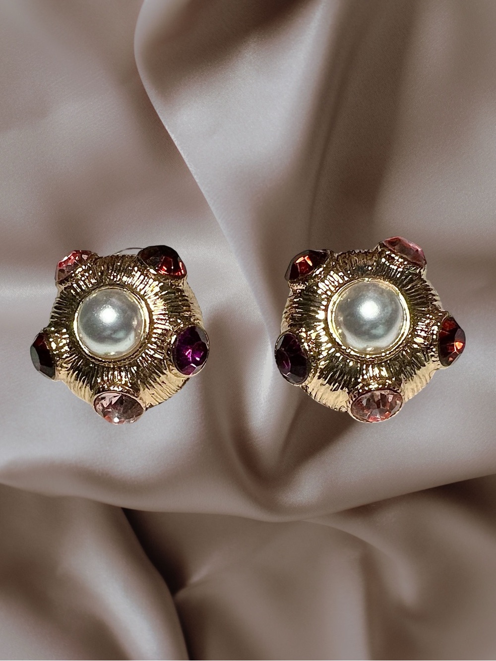 Gold-Tone Faux Pearl Floral Clip Earrings with Pink & Purple Stones 1”